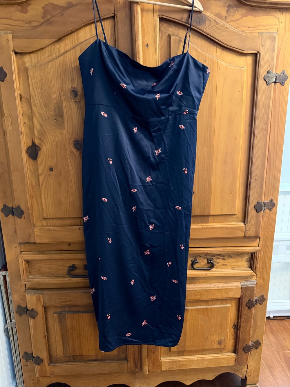 Park & Fifth Navy Midi Slip Dress with Pink Floral Embroidery